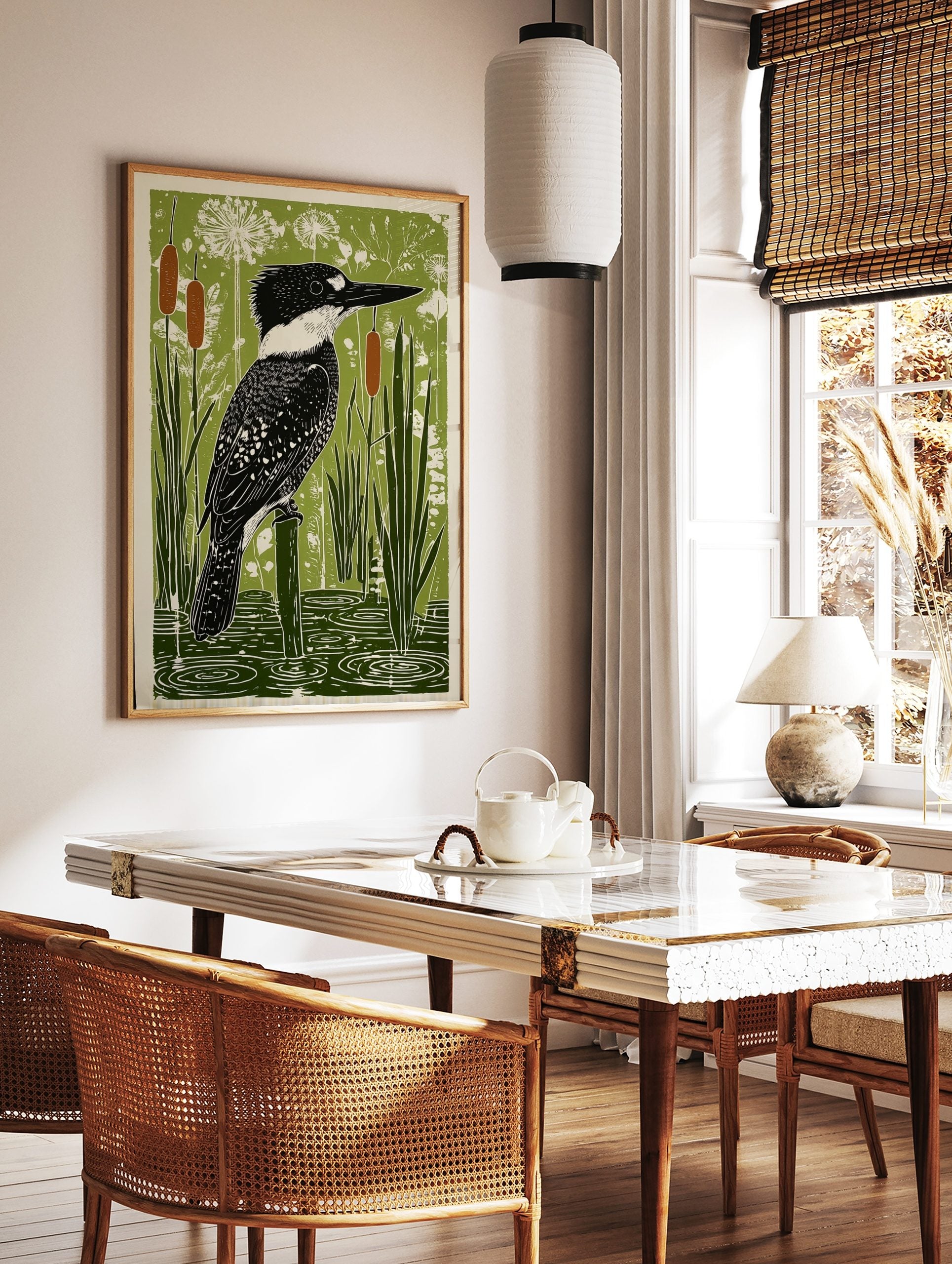 Belted Kingfisher bird perched on a post in a green wetland with cattails and water ripples art, in a styled room mockup