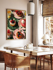 Illustrative food wall art print showing multiple berry tarts, a drink, and a lemon slice on a green checkered tablecloth. - Image 2