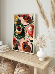 Illustrative food wall art print showing multiple berry tarts, a drink, and a lemon slice on a green checkered tablecloth. - Image 3