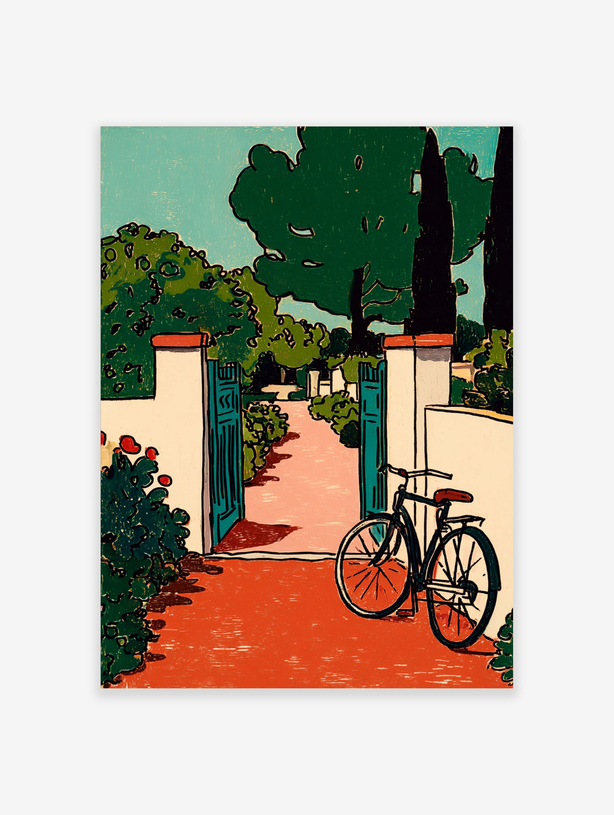 Bicycle leaning on wall beside teal gate, red path, green trees, garden scene illustration print