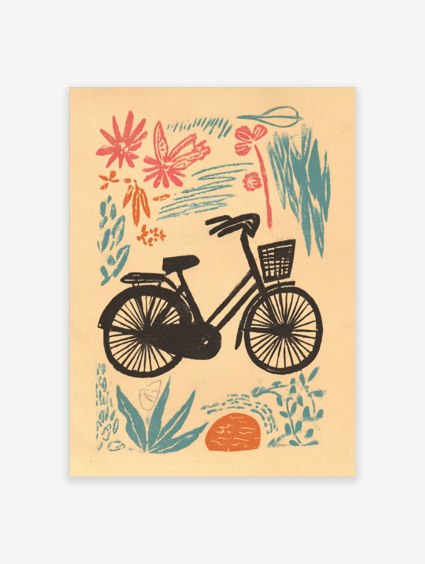Black bicycle with basket surrounded by pink flowers, teal leaves, and orange sun on beige background