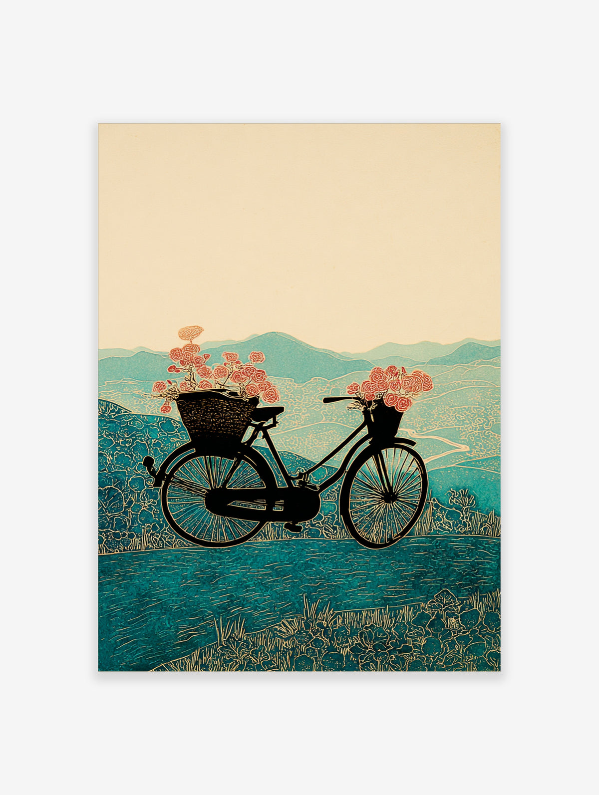 Black bicycle silhouette with pink roses in baskets, teal hills background, vintage landscape illustration