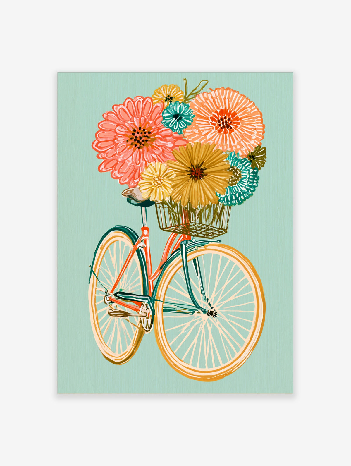 Illustrative bicycle with an orange frame and basket full of colourful flowers on a soft teal background