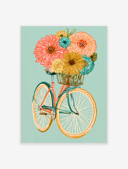 Illustrative bicycle with an orange frame and basket full of colourful flowers on a soft teal background