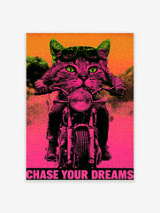 Neon pink and green biker cat poster with aviator goggles, motorcycle, and the text Chase Your Dreams