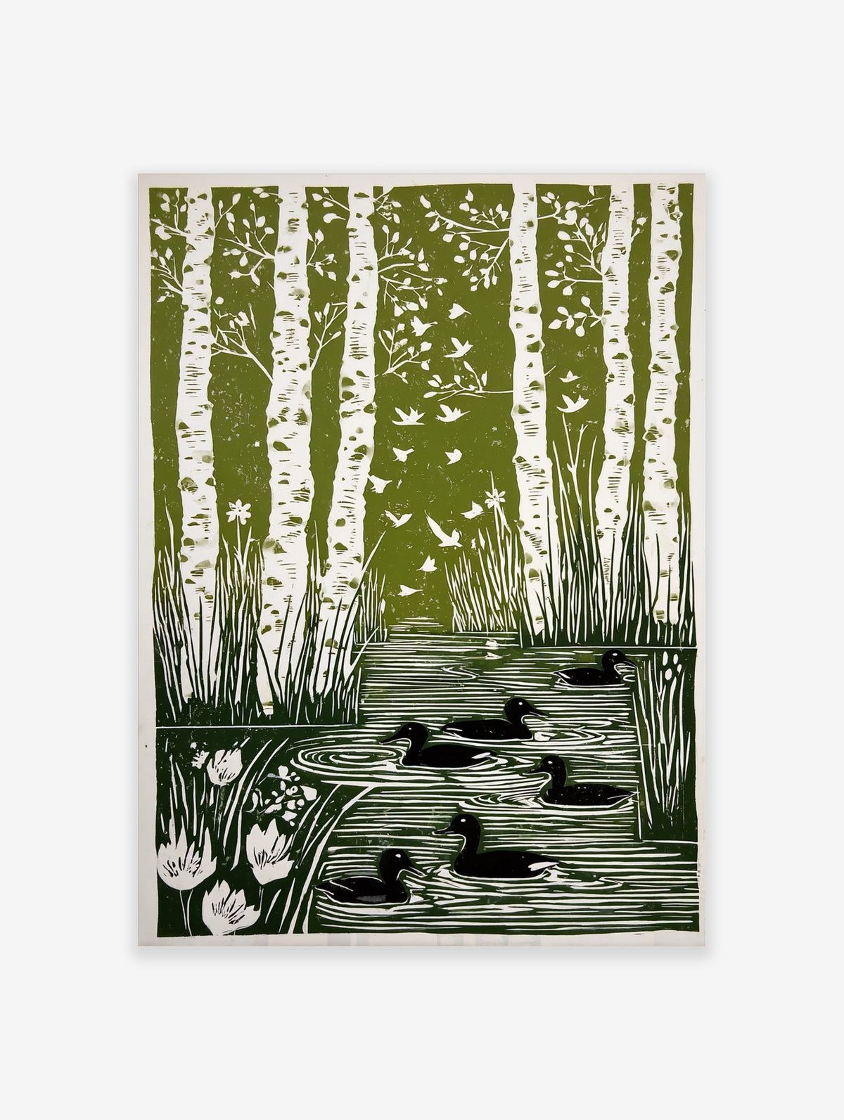 Green and white linocut print of birch trees, flying birds, ducks in a pond, and reeds with flowers