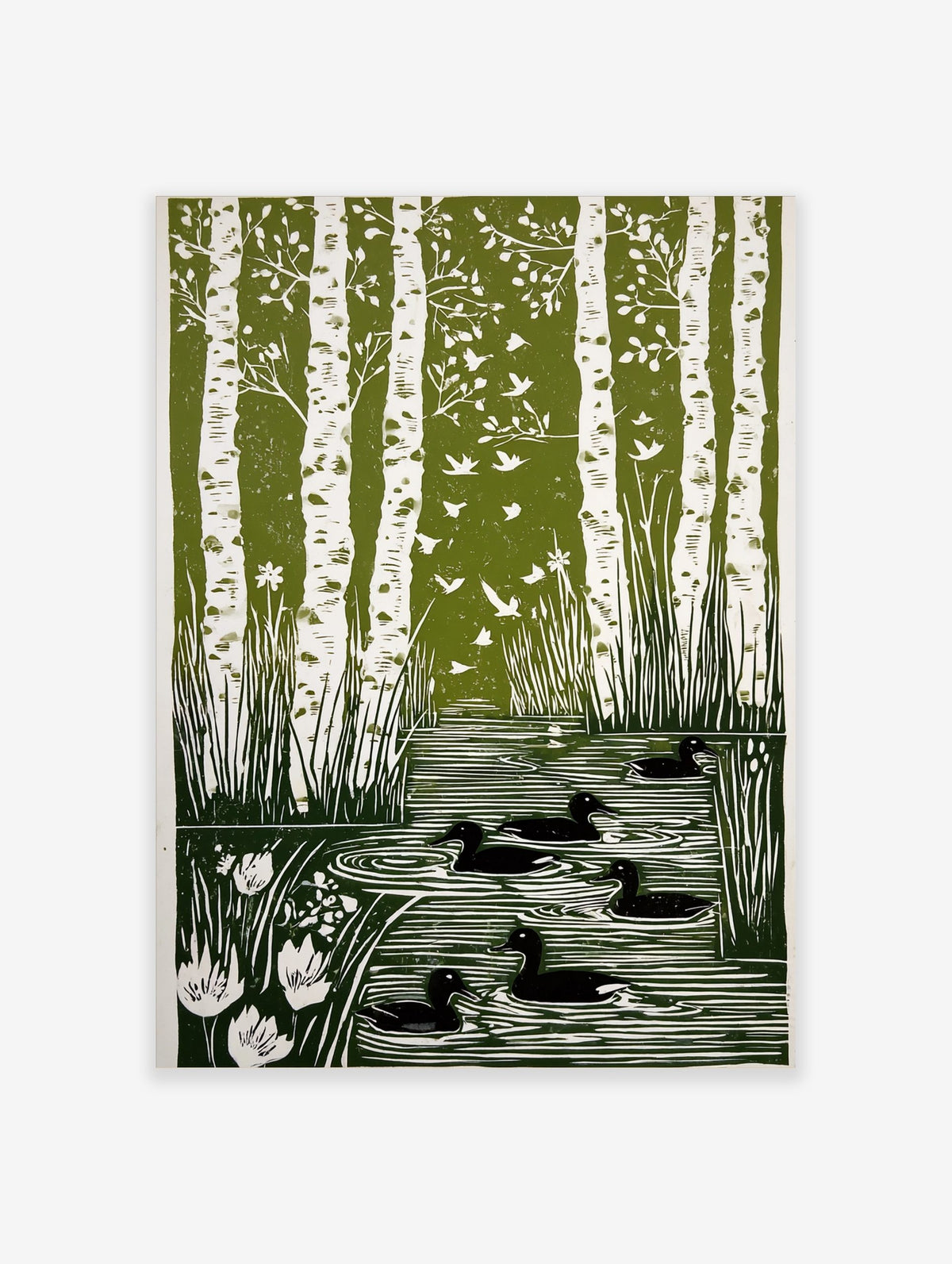Green linocut art print of white birch trees, flying birds, and black ducks in a pond with reeds and flowers