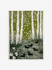 Green linocut art print of white birch trees, flying birds, and black ducks in a pond with reeds and flowers