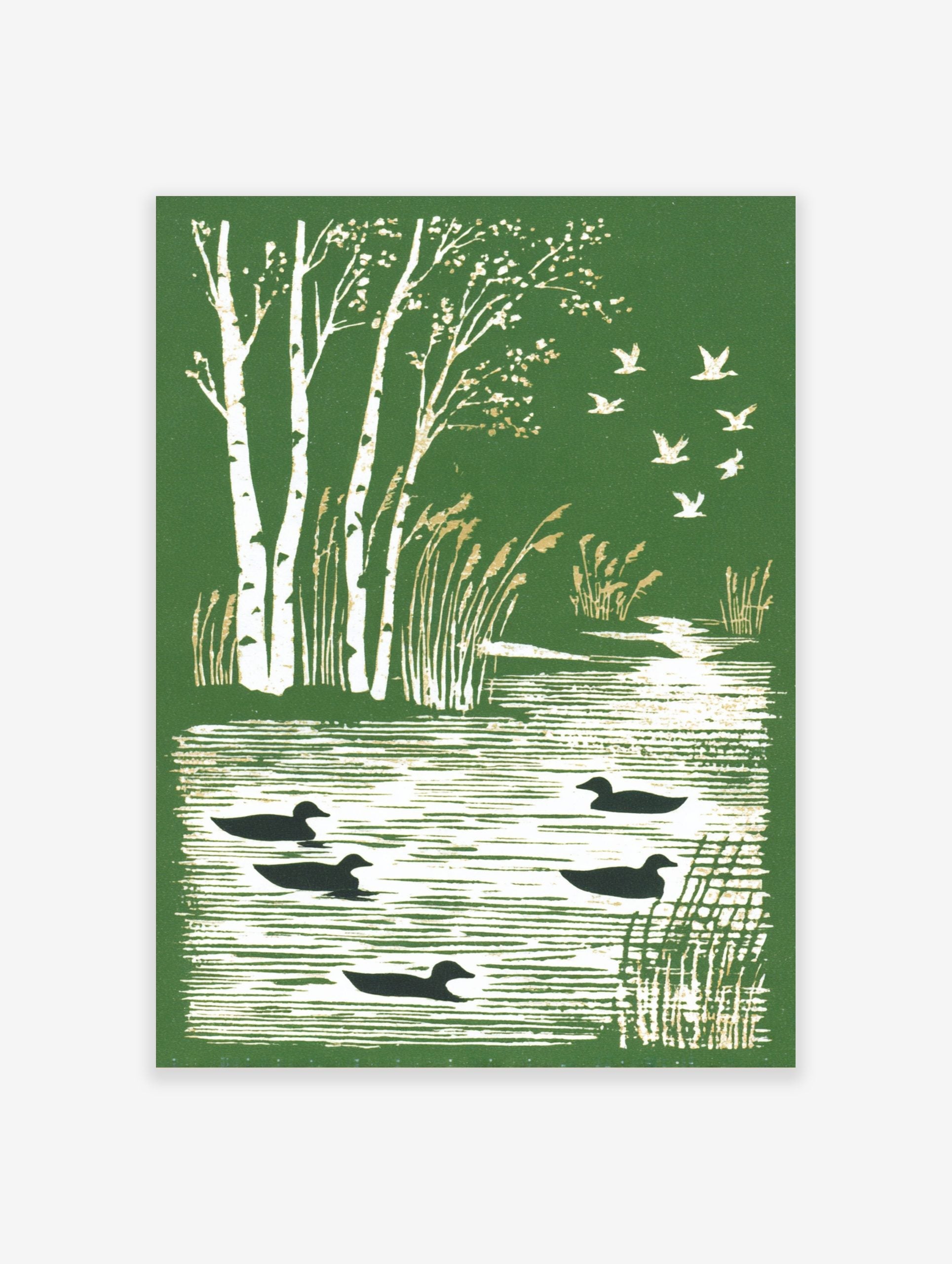 Illustrative green print with white birch trees, golden reeds, black ducks on water, and flying birds