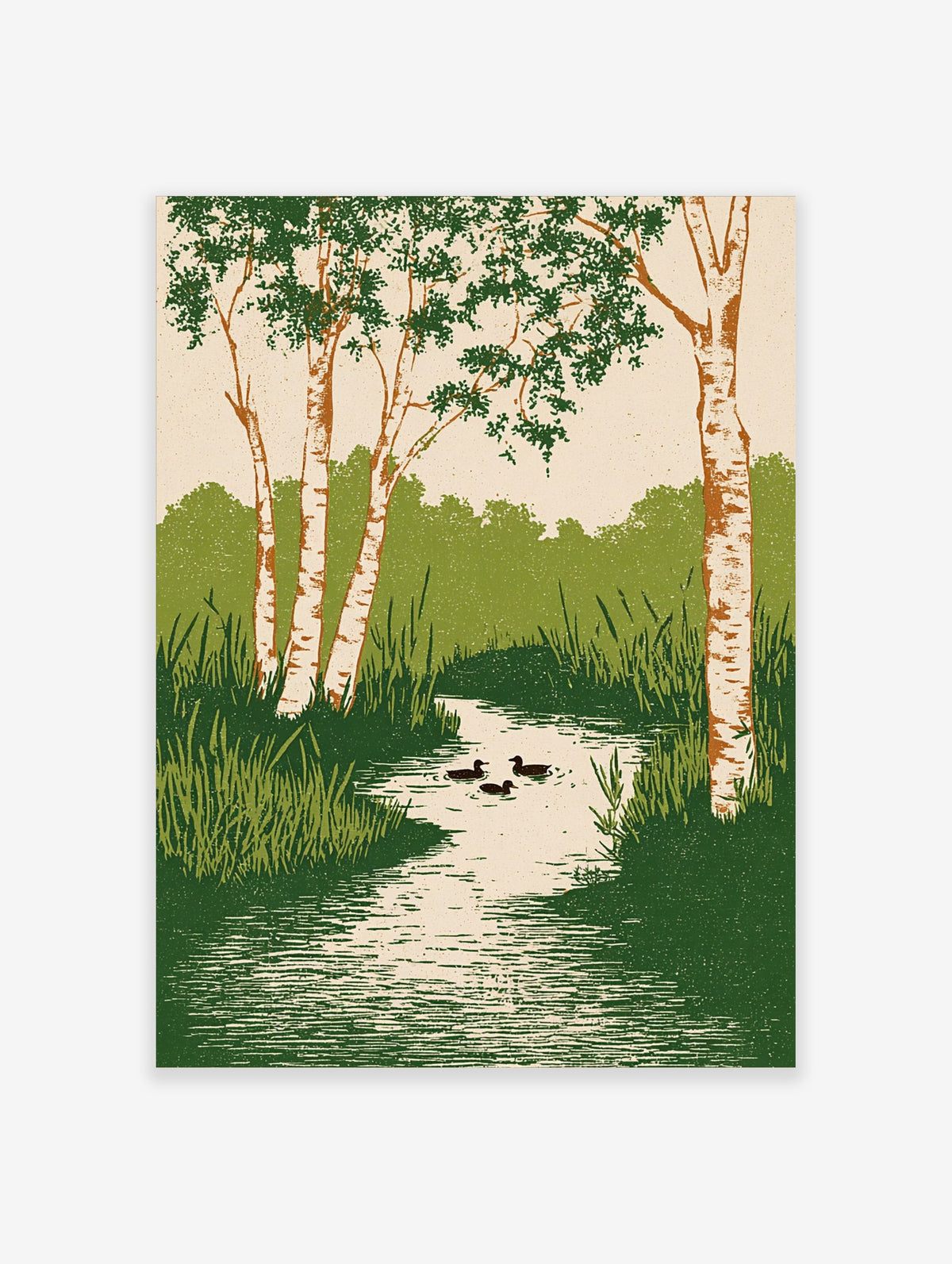 Illustrative wall art of birch trees with green leaves, a winding stream, reeds, and three ducks swimming