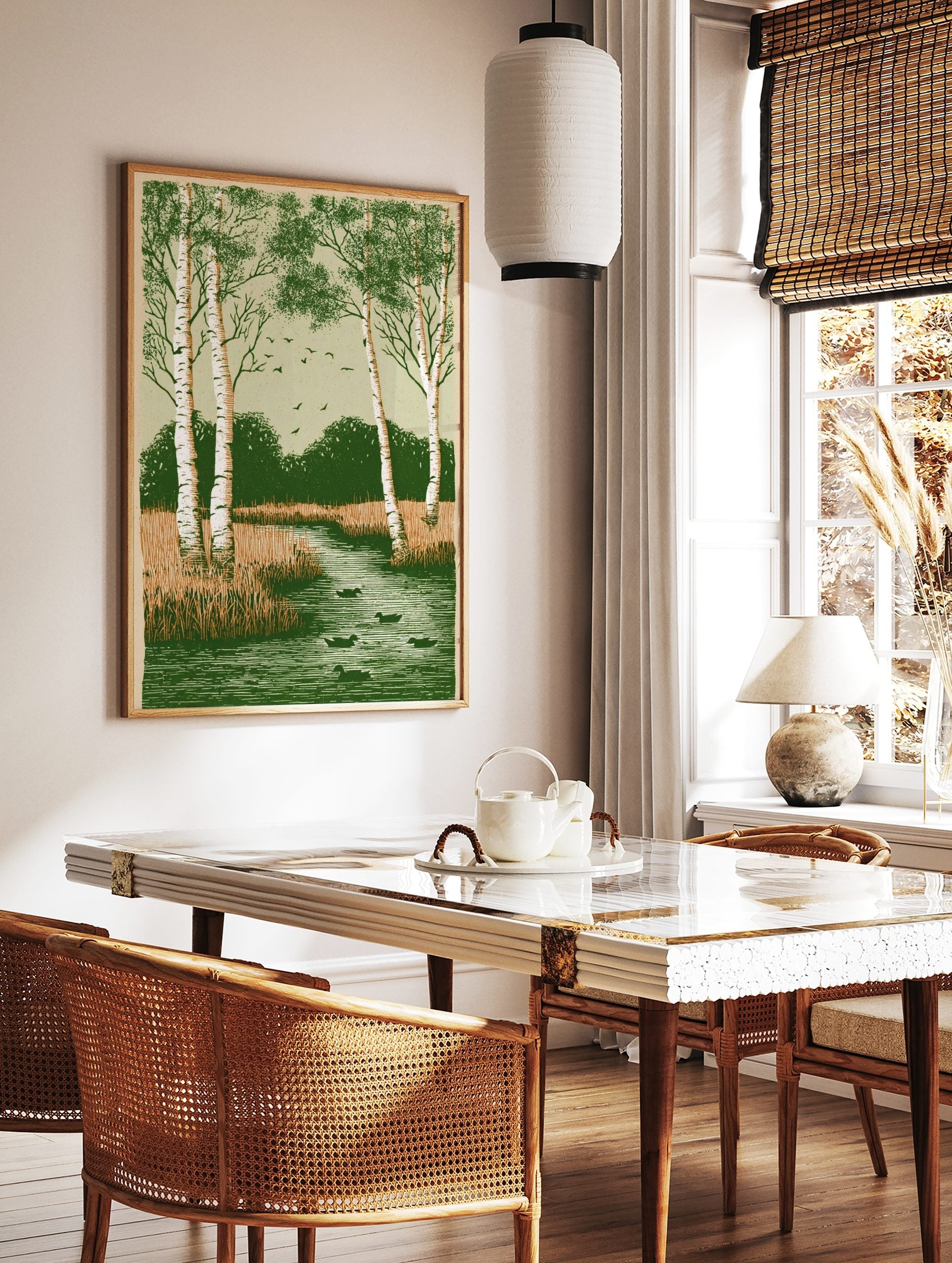 Birch trees, winding river with ducks, and flying birds in a green, textured, illustrative, in a styled room mockup