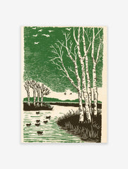 Woodcut style print of white birch trees, ducks on a pond, and flying birds against a green sky