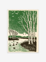 Illustrative art print of birch trees, ducks, and birds in a serene green and brown lake landscape