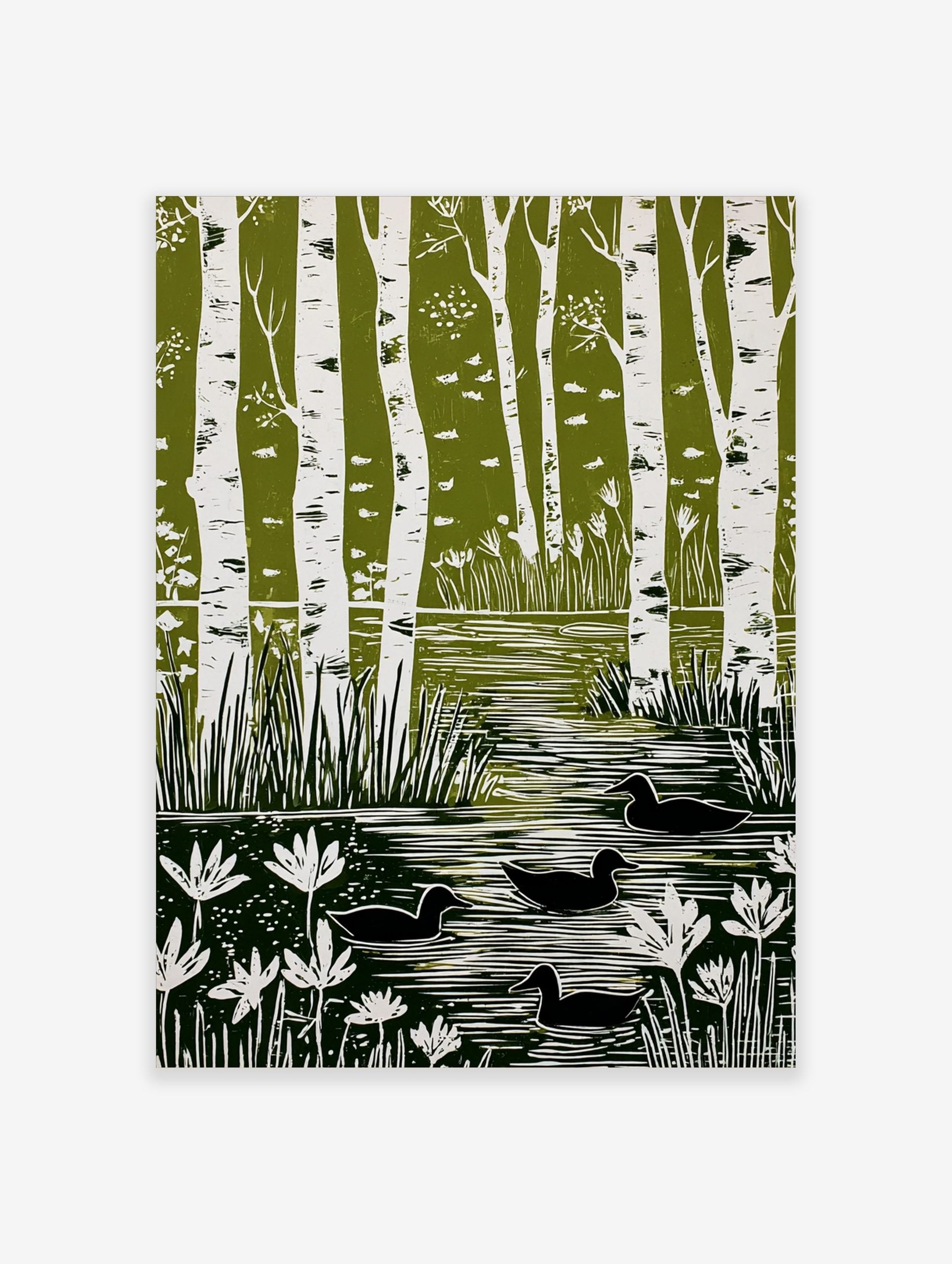 Green and white linocut style art print showing birch trees, a pond with reeds, water lilies, and four ducks