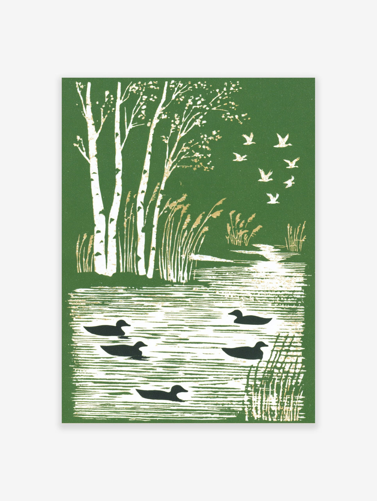 Illustrative print of white birch trees, swimming ducks, and flying geese over a river in green and white