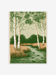 Illustrative print of birch trees, ducks in a river, marsh grass, and flying birds in green and brown tones