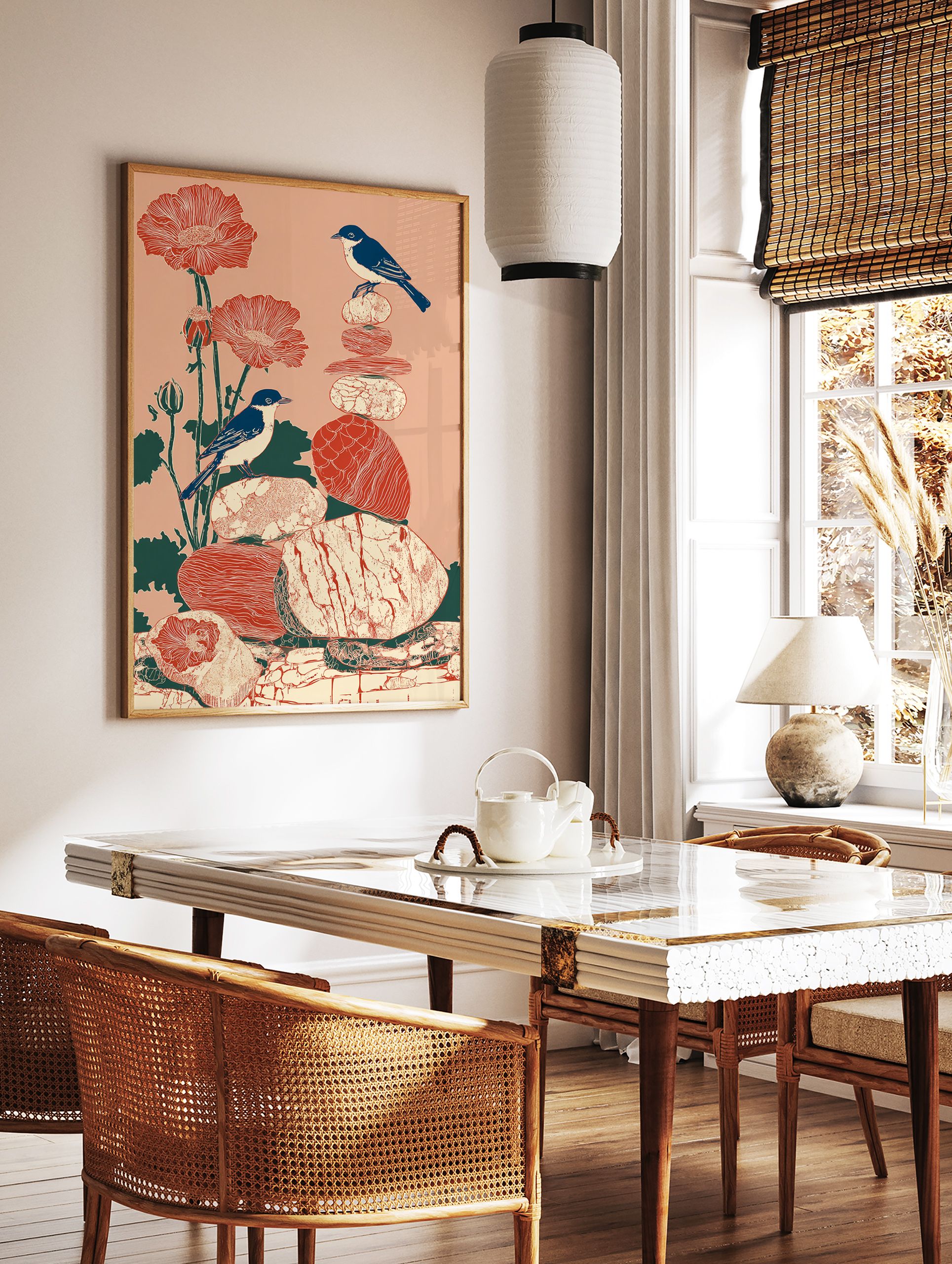 Illustrated bird and poppy wall art print with two blue birds, red flowers, and stacked stones on a peach background. - Image 2