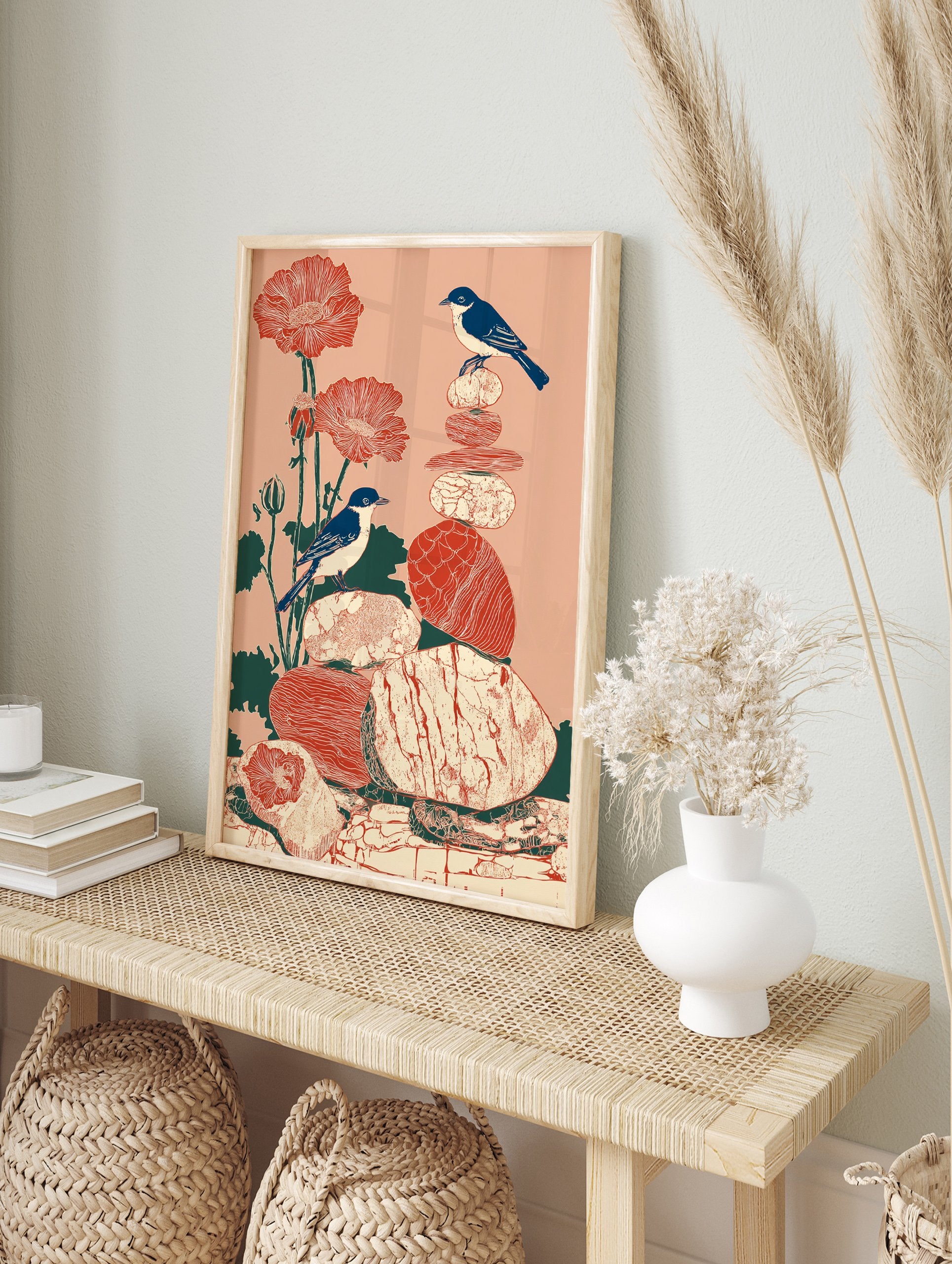 Illustrated bird and poppy wall art print with two blue birds, red flowers, and stacked stones on a peach background. - Image 3