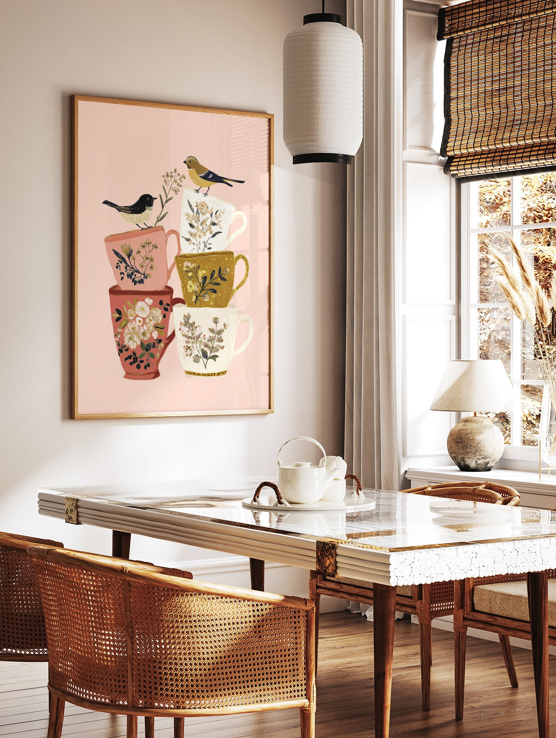 Illustration of two birds on a stack of floral teacups on a pink background - Image 3