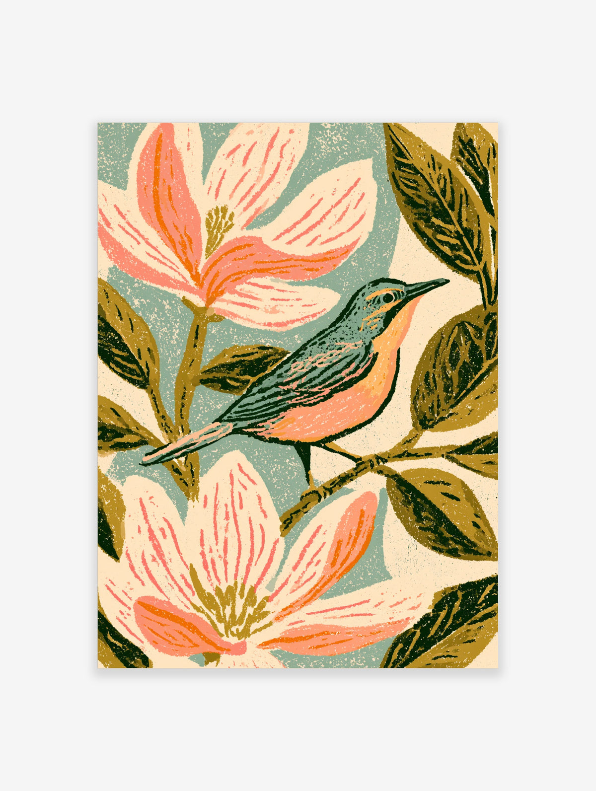 Colourful bird and magnolia flower art print with pink blooms and teal background