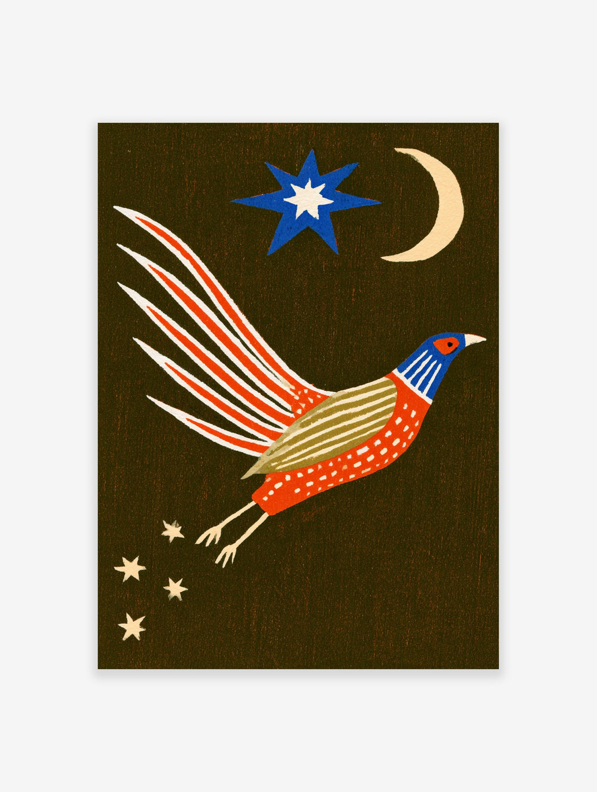 Stylised orange and blue bird illustration with a star and crescent moon against a dark background, fine art paper print