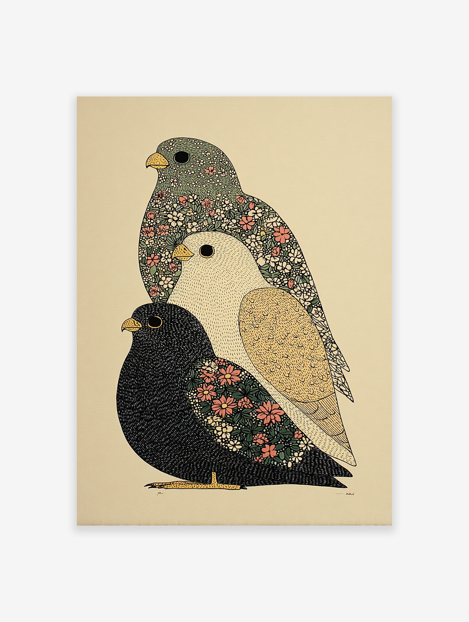 Three stylized, stacked bird art print with intricate floral and patterned details in muted green, white, black, and pink.