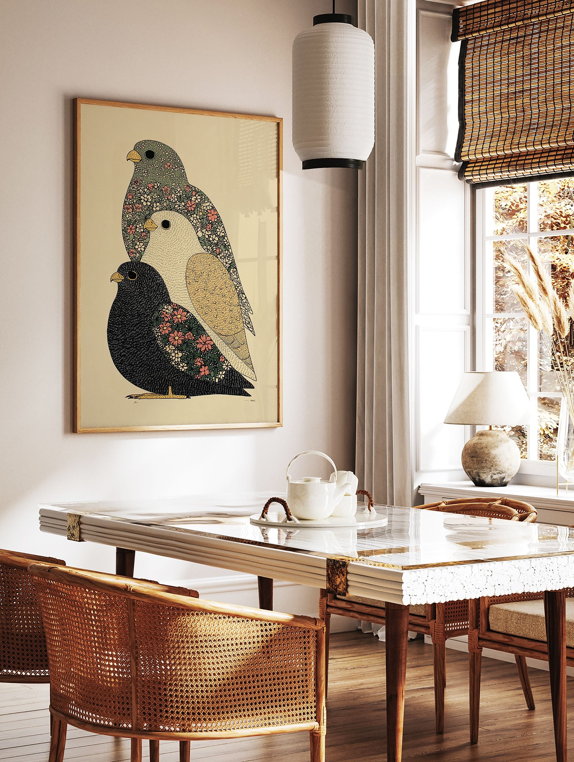 Three stylized, stacked bird art print with intricate floral and patterned details in muted green, white, black, and pink. - Image 2