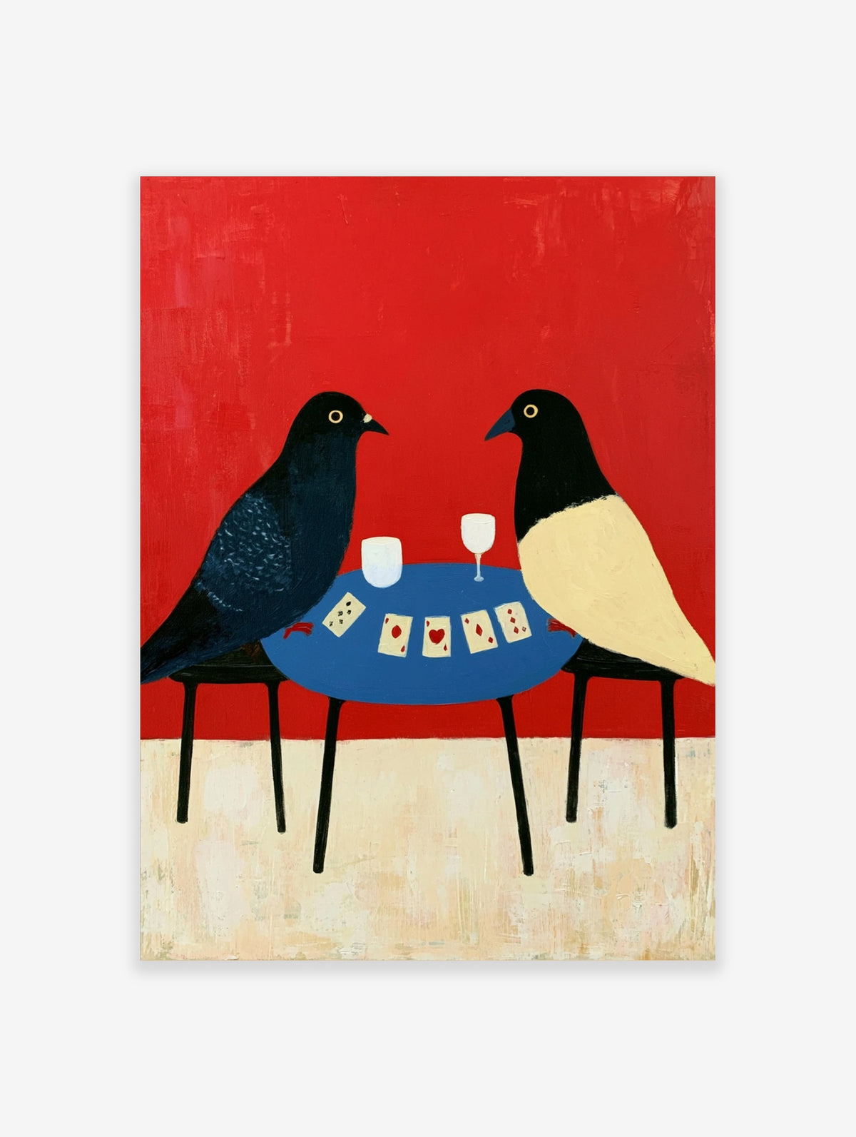 Illustrative art print of two birds playing cards on a blue table against a solid red background