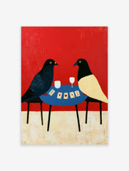 Illustrative art print of two birds playing cards on a blue table against a solid red background
