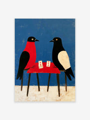 Illustrative art print of two birds playing cards at a red table against a blue background