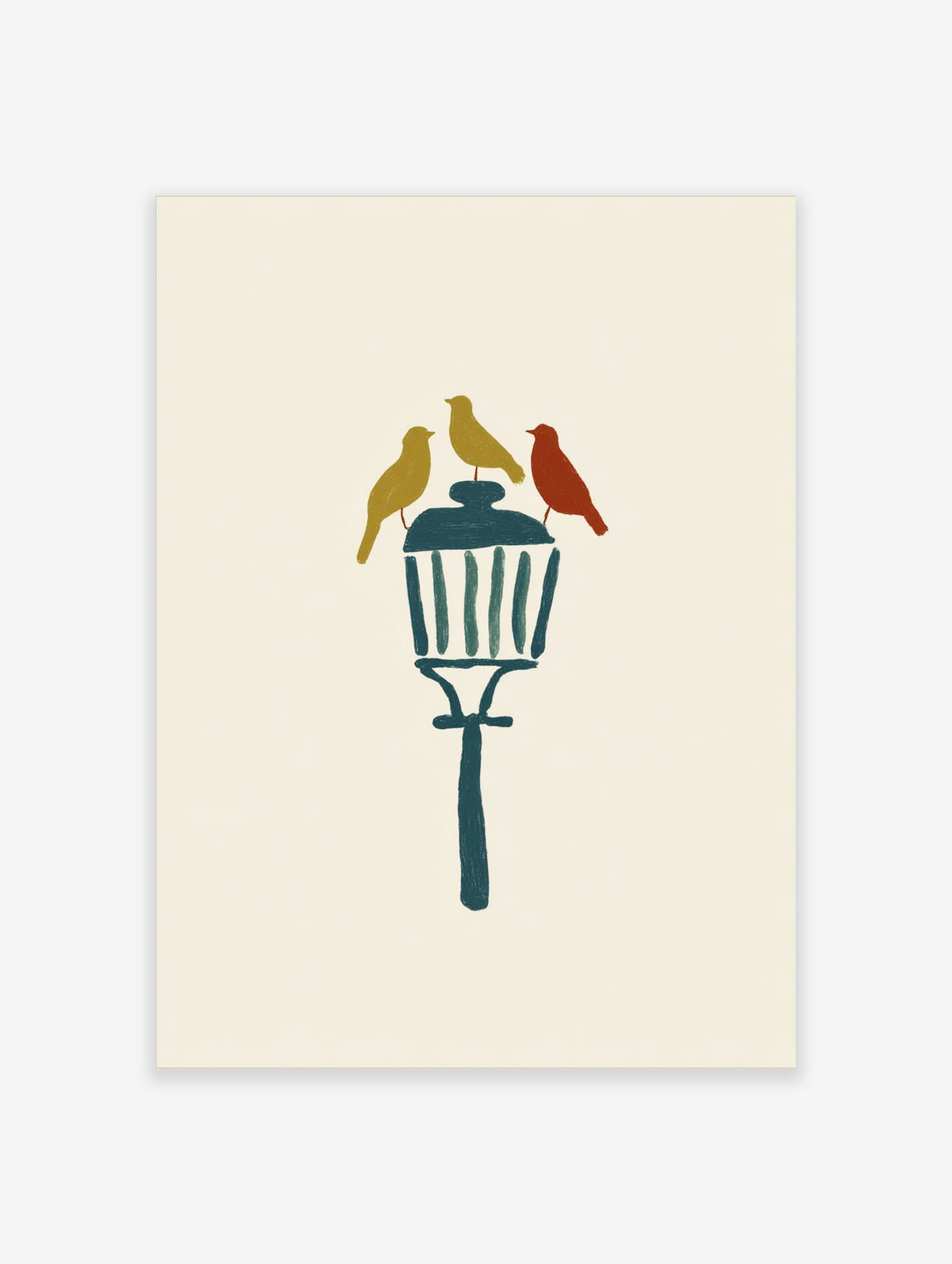 Three stylised birds perched on a dark teal lamp post against a cream background art print