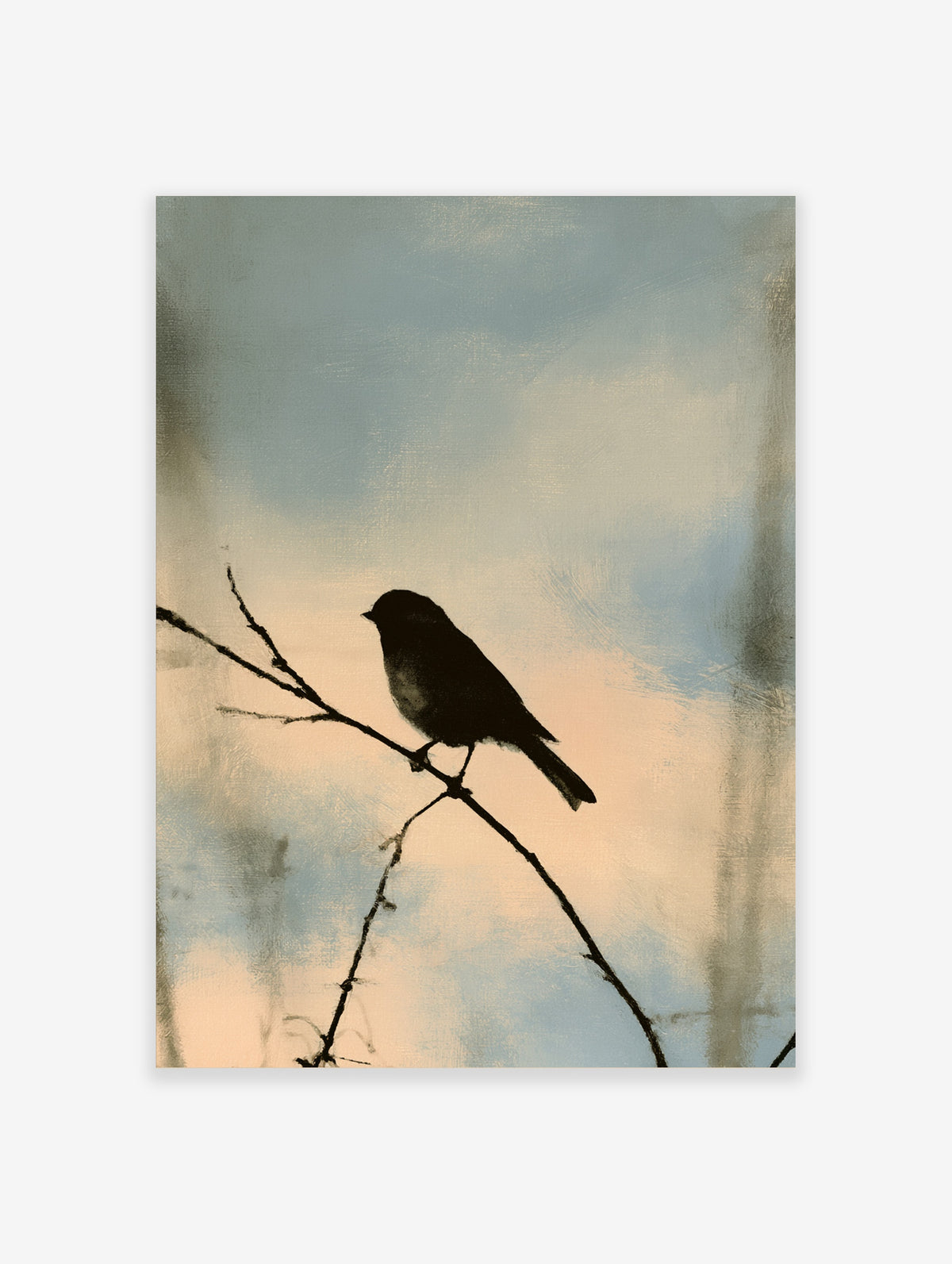 Bird silhouette on a thorny branch against a pale blue and peach sky, minimalist animal poster