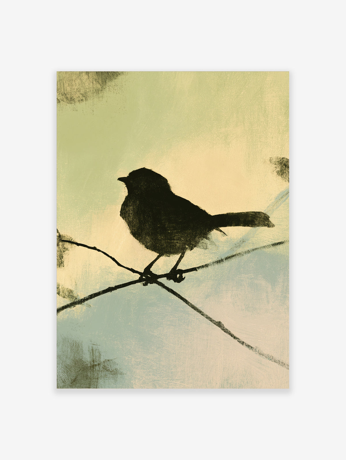 Dark bird silhouette perched on a branch against a pale green and blue textured background art print
