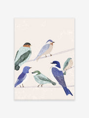 Illustrated bird wall art print featuring six colorful birds in blue, green, and brown perched on two thin wires.