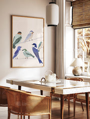 Illustrated bird wall art print featuring six colorful birds in blue, green, and brown perched on two thin wires. - Image 2