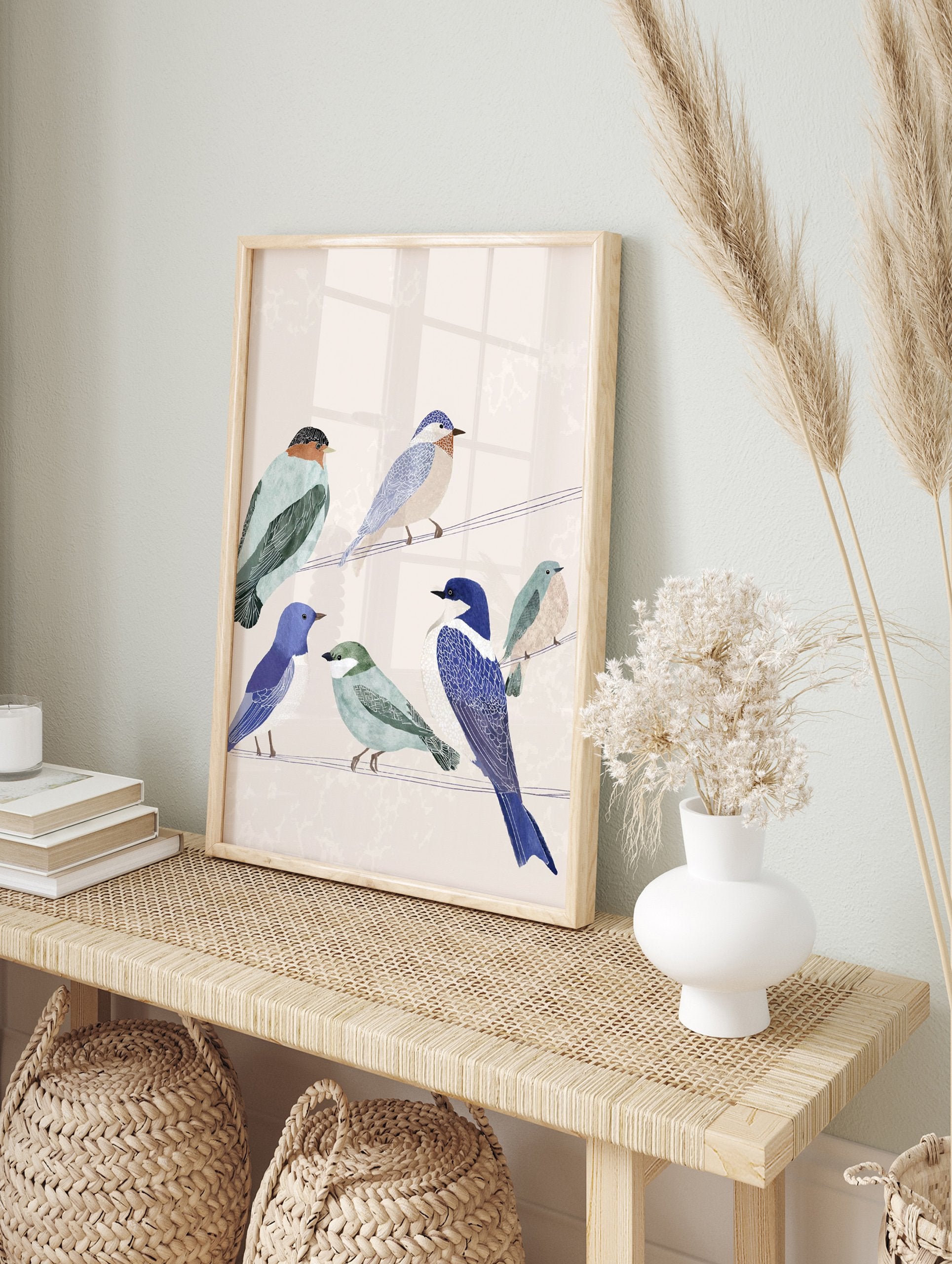 Illustrated bird wall art print featuring six colorful birds in blue, green, and brown perched on two thin wires. - Image 3