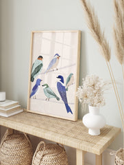 Illustrated bird wall art print featuring six colorful birds in blue, green, and brown perched on two thin wires. - Image 3