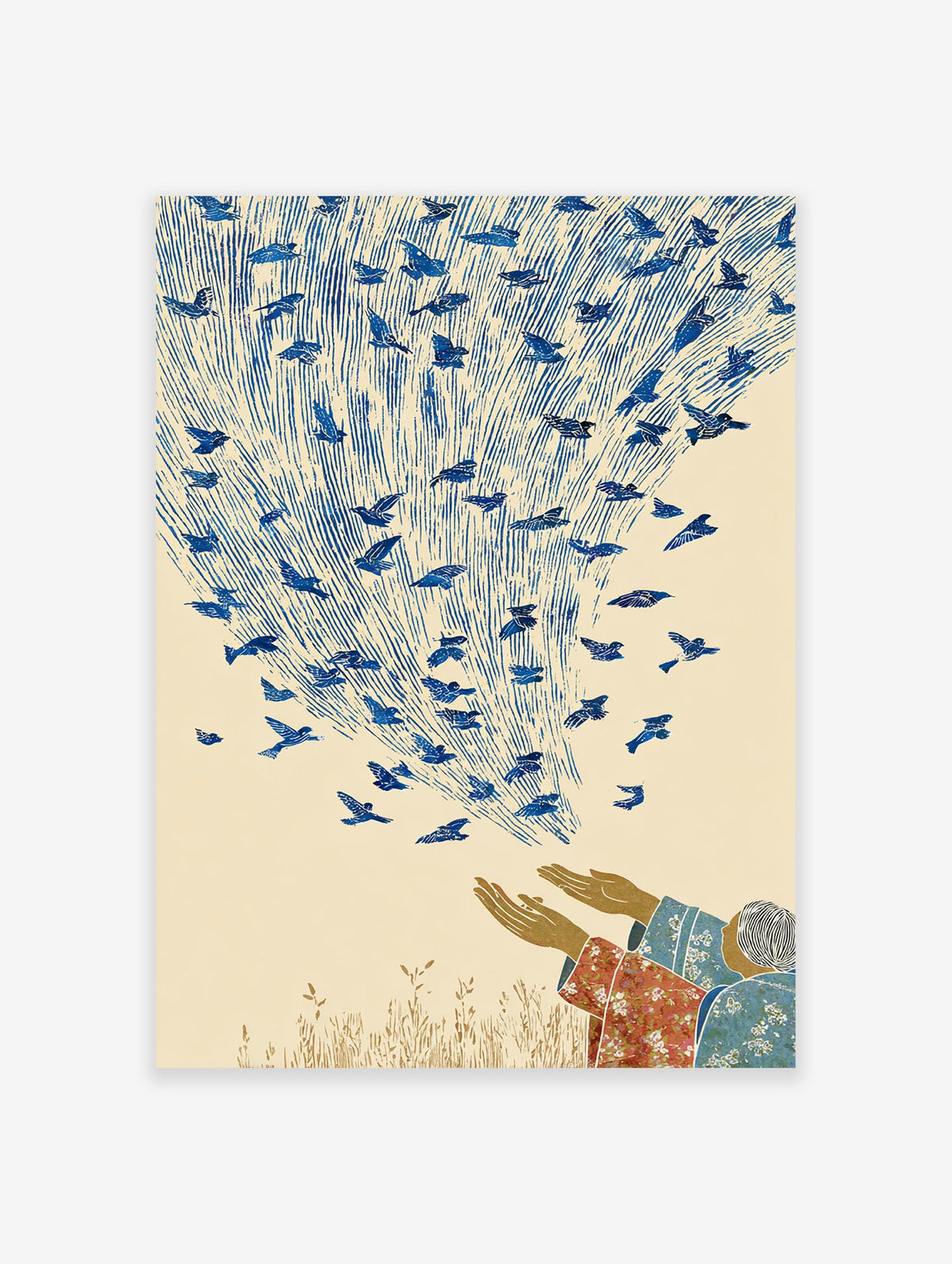 Folk art print of hands releasing many blue birds into a sky with vertical lines, symbolizing freedom. Bird wall art.