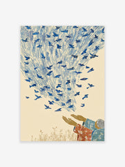 Folk art print of hands releasing many blue birds into a sky with vertical lines, symbolizing freedom. Bird wall art.
