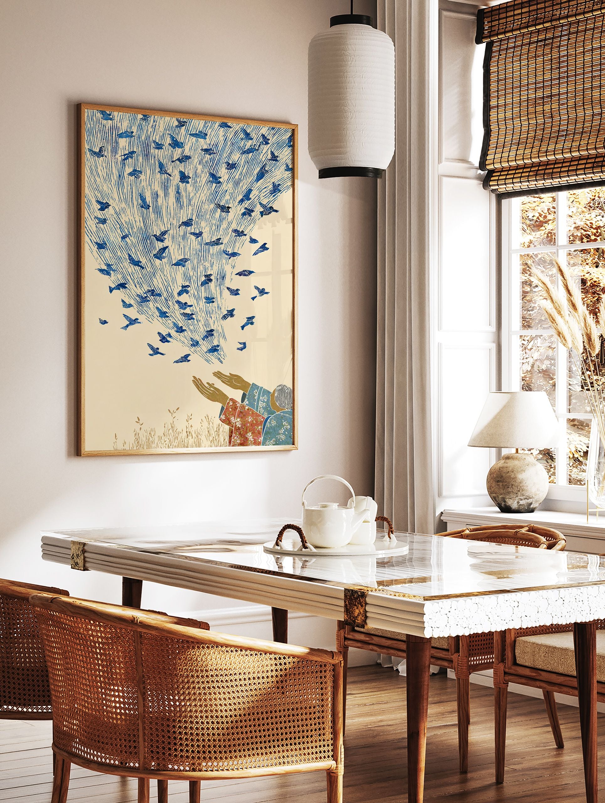 Folk art print of hands releasing many blue birds into a sky with vertical lines, symbolizing freedom. Bird wall art. - Image 2