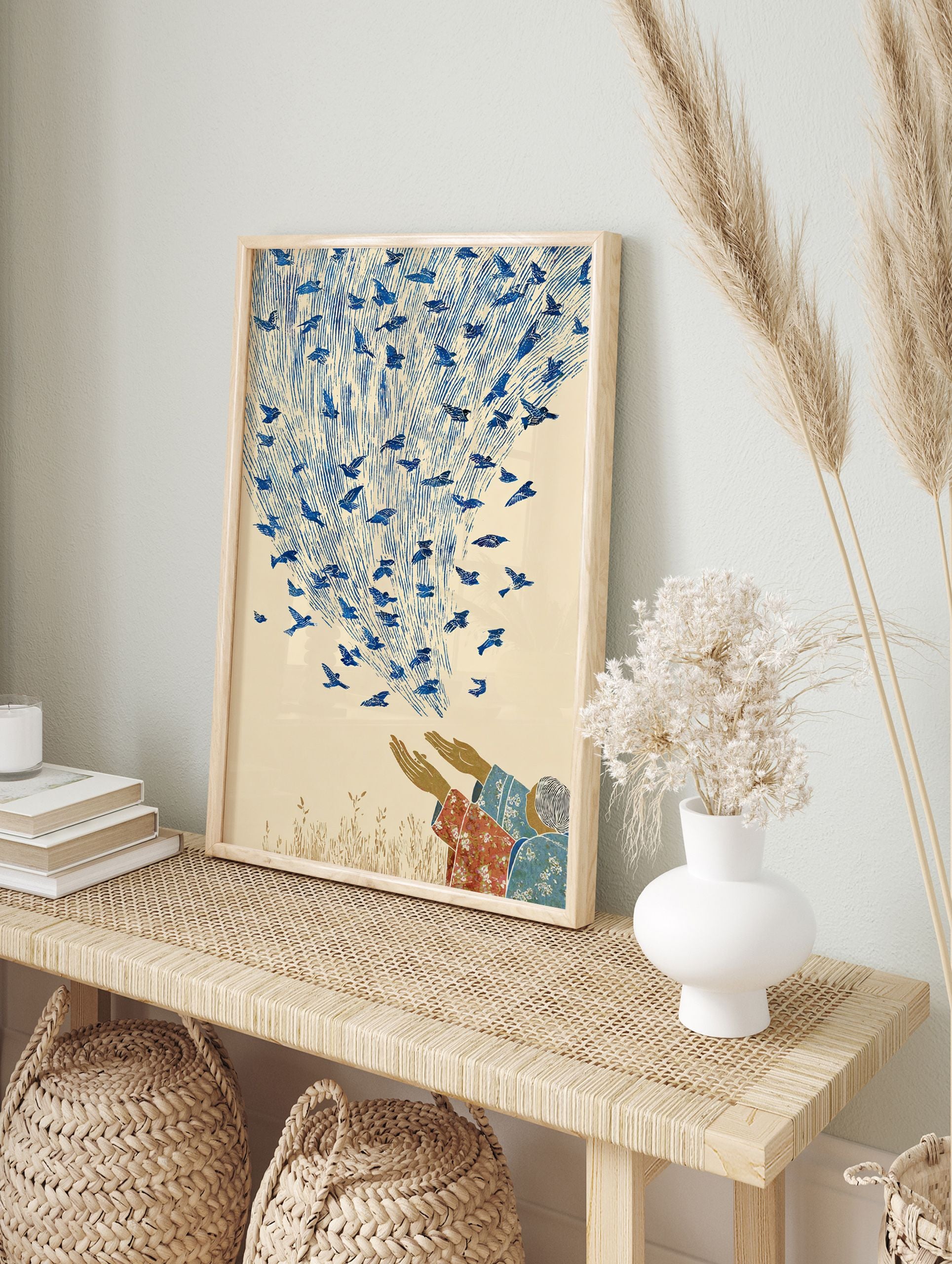 Folk art print of hands releasing many blue birds into a sky with vertical lines, symbolizing freedom. Bird wall art. - Image 3