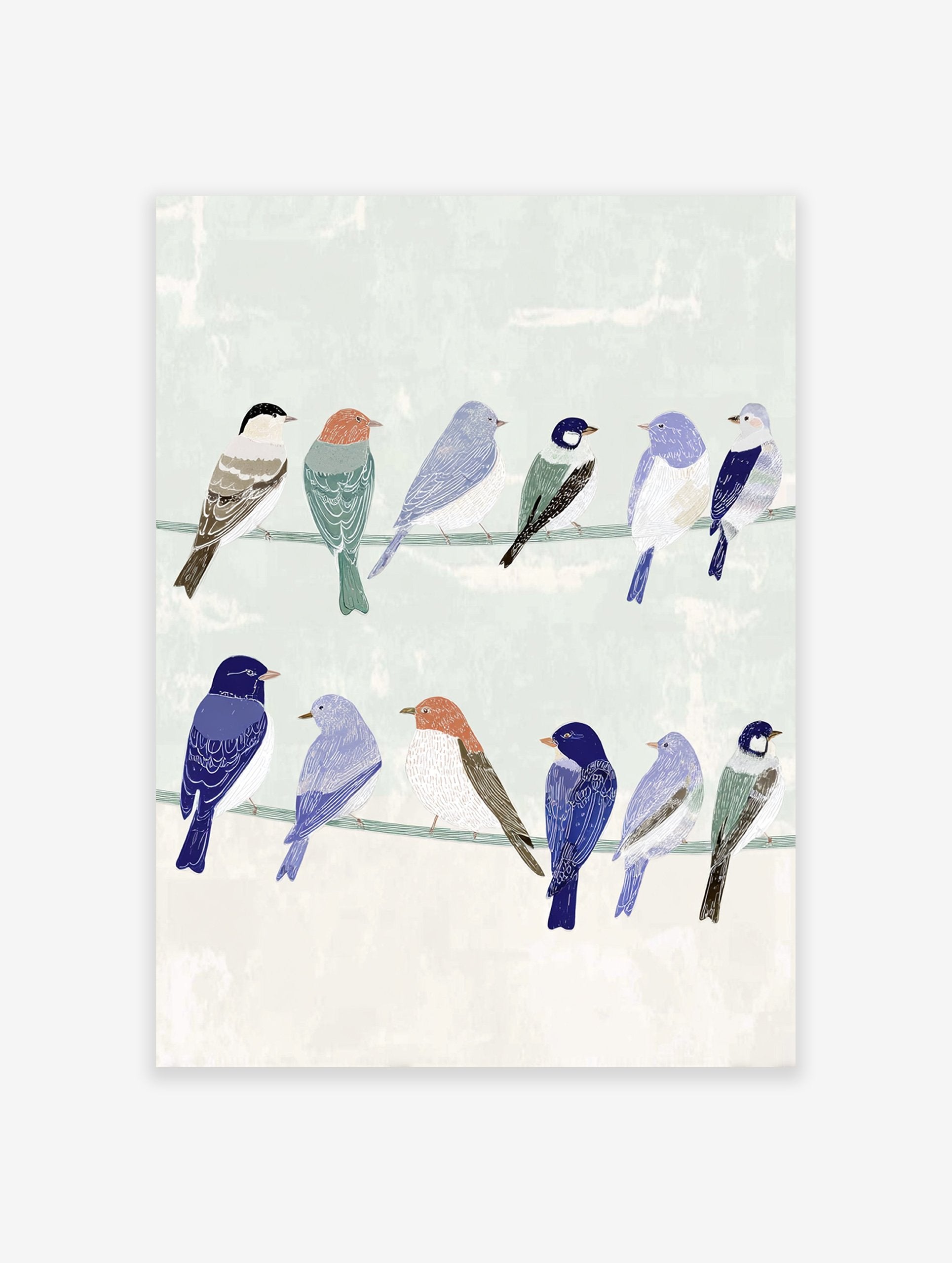 Illustrative bird wall art featuring a group of colorful songbirds perched on two wires against a pale green background