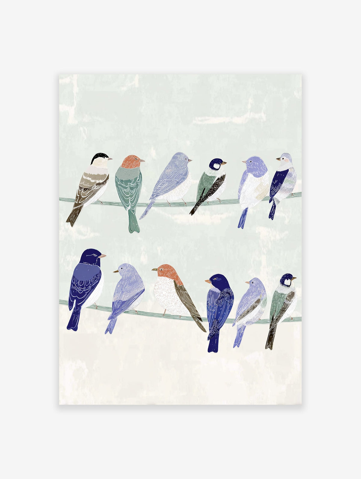 Illustrative bird wall art featuring a group of colorful songbirds perched on two wires against a pale green background