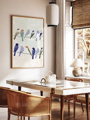 Illustrative bird wall art featuring a group of colorful songbirds perched on two wires against a pale green background - Image 2