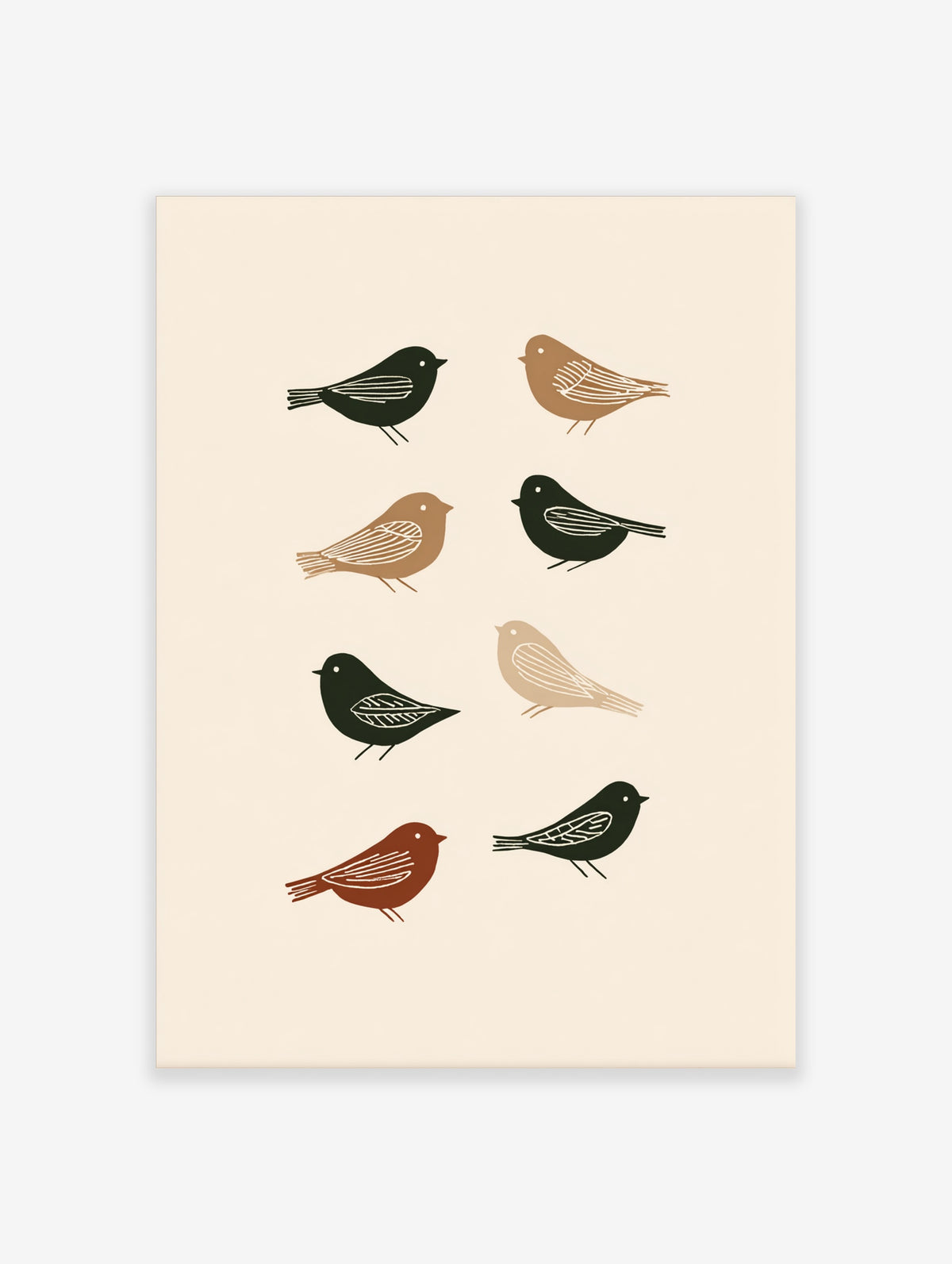 Minimalist bird wall art print with eight stylised birds in green, brown, and beige on a cream background