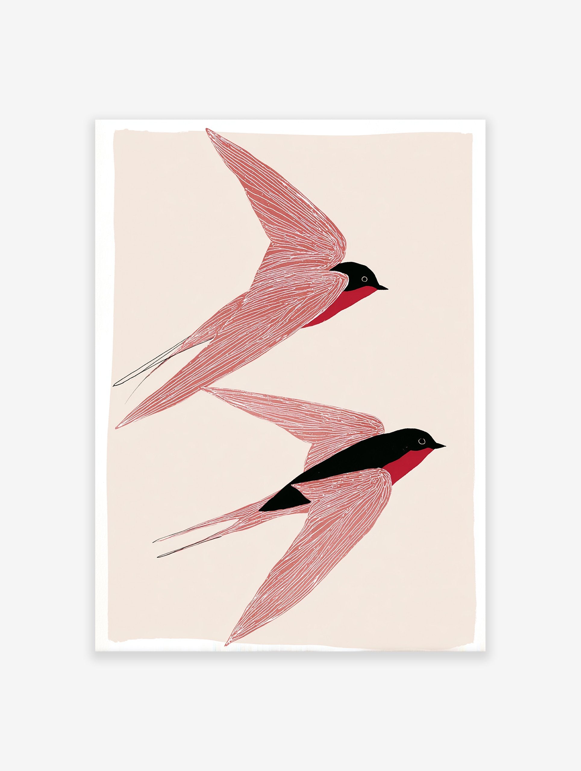 Two stylized red and black swallow birds in flight minimalist art print on a light beige background, Bird Wall Art.