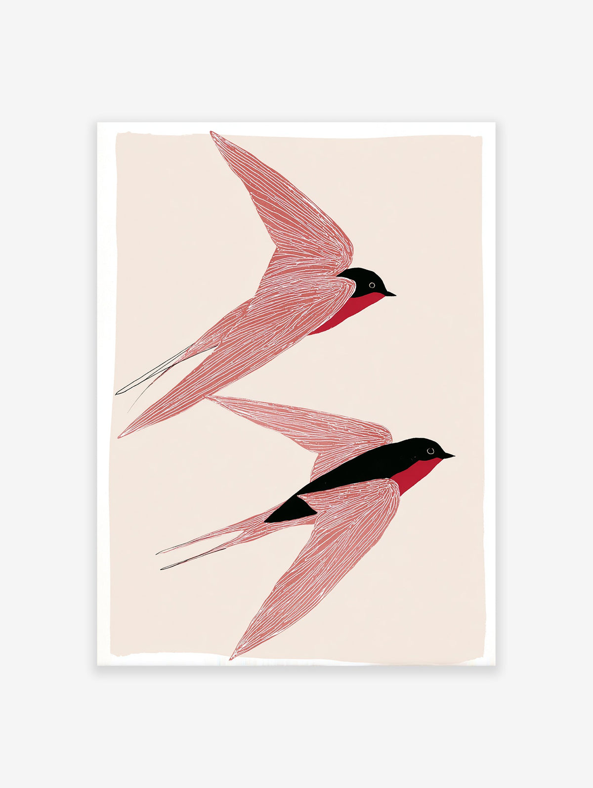 Two stylized red and black swallow birds in flight minimalist art print on a light beige background, Bird Wall Art.