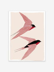 Two stylized red and black swallow birds in flight minimalist art print on a light beige background, Bird Wall Art.