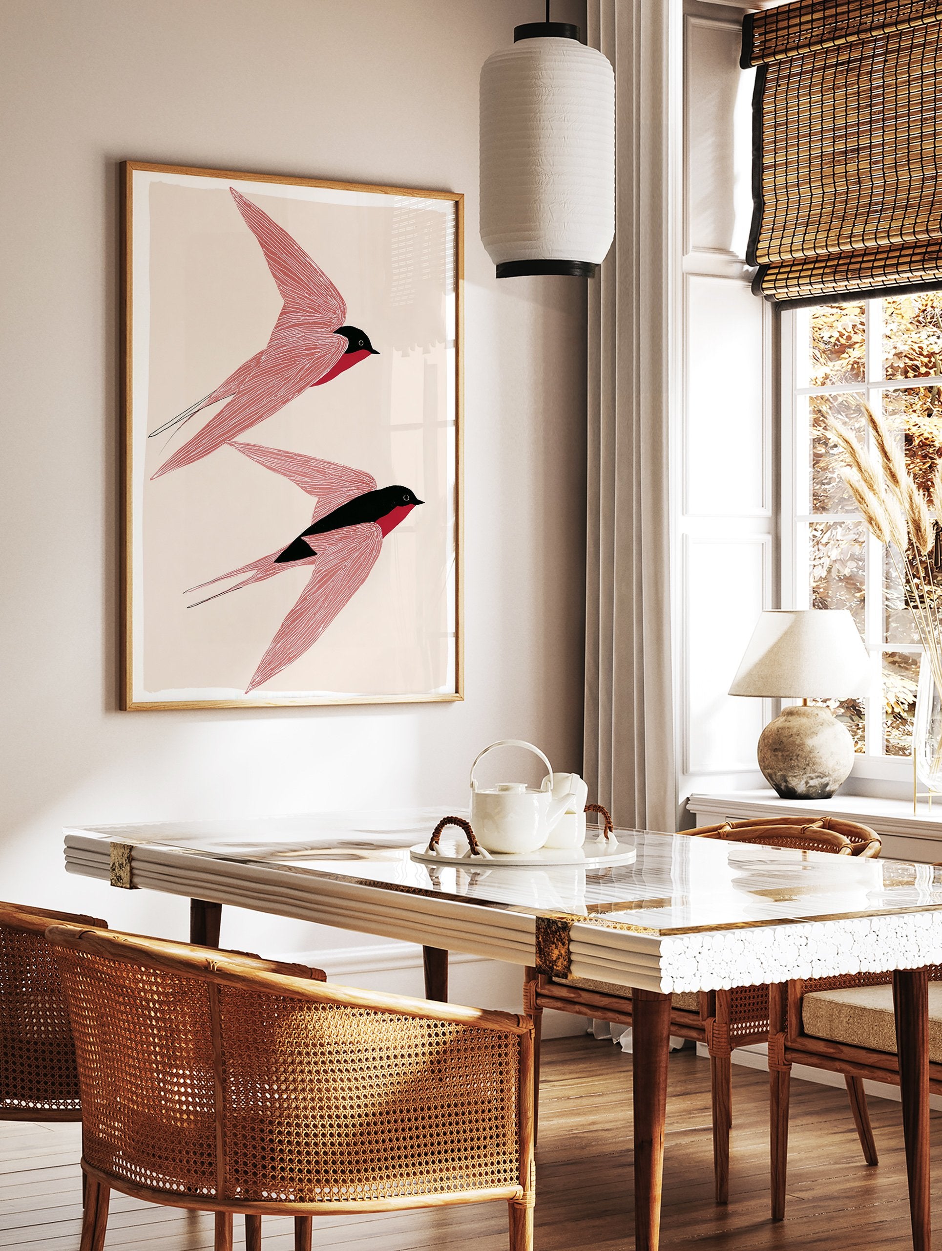 Two stylized red and black swallow birds in flight minimalist art print on a light beige background, Bird Wall Art. - Image 2