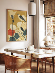 Illustrative wall art with two birds and a vintage microphone on a textured gold, red, and blue, in a styled room mockup